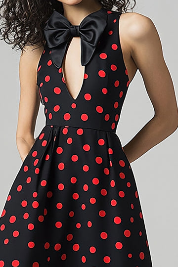 Black Cut Out Red Polka Dot Dress with Bow